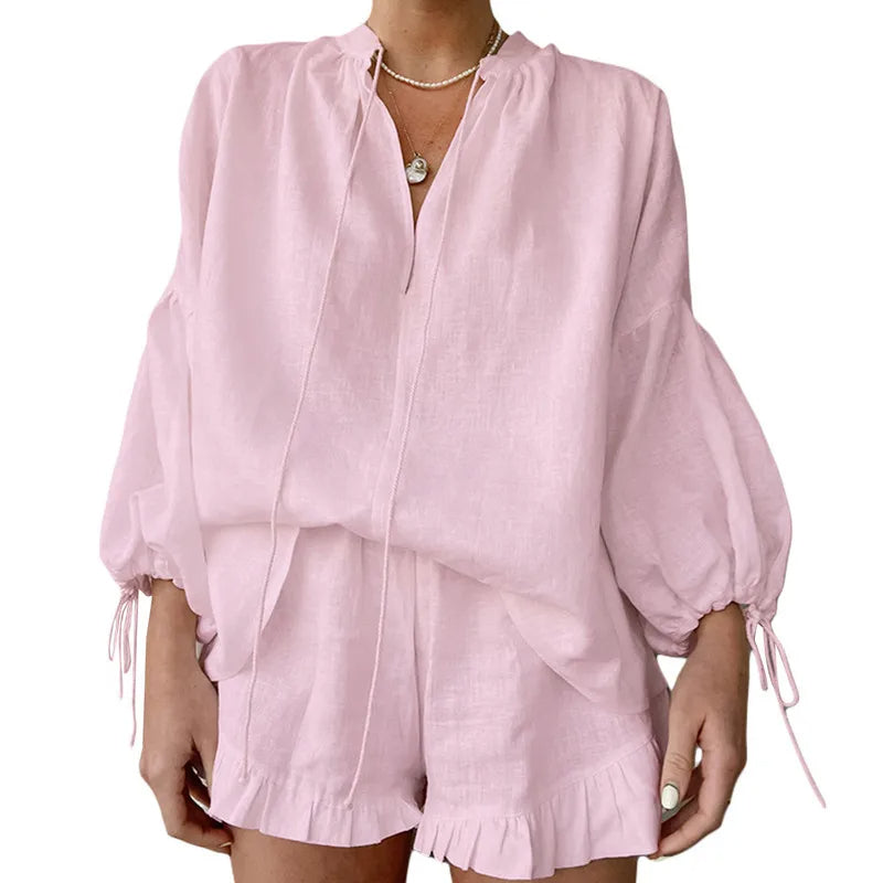 Pink 2 piece Tie-Up V-Neck Shirts Tops Elastic Waist Shorts